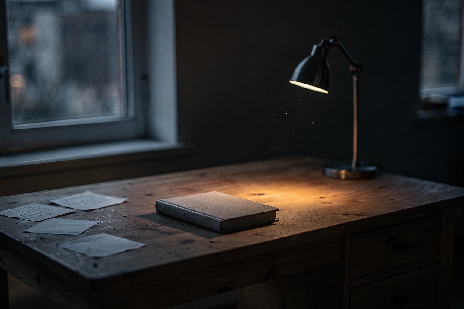 Schreibtisch am Fenster, eine Lampe brennt