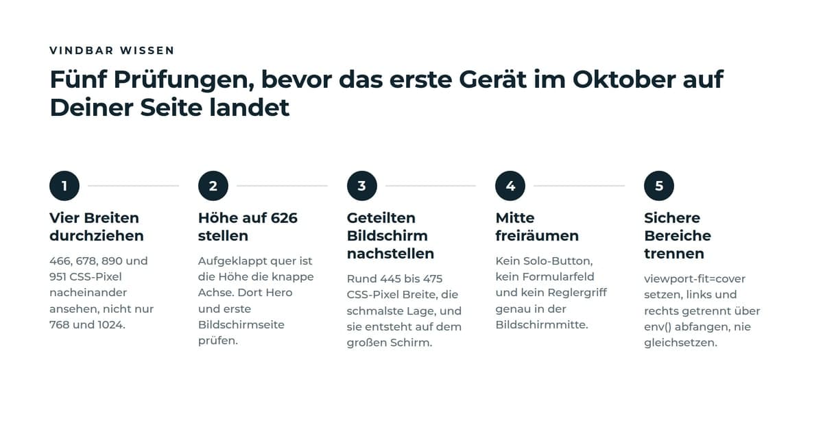 Fünf Prüfschritte nacheinander: vier Breiten von 466 bis 951 CSS-Pixeln durchziehen, die Höhe auf 626 Pixel stellen, die geteilte Lage bei 445 bis 475 Pixeln nachstellen, die Bildschirmmitte von Bedienelementen freiräumen, sichere Bereiche links und rechts getrennt abfangen.