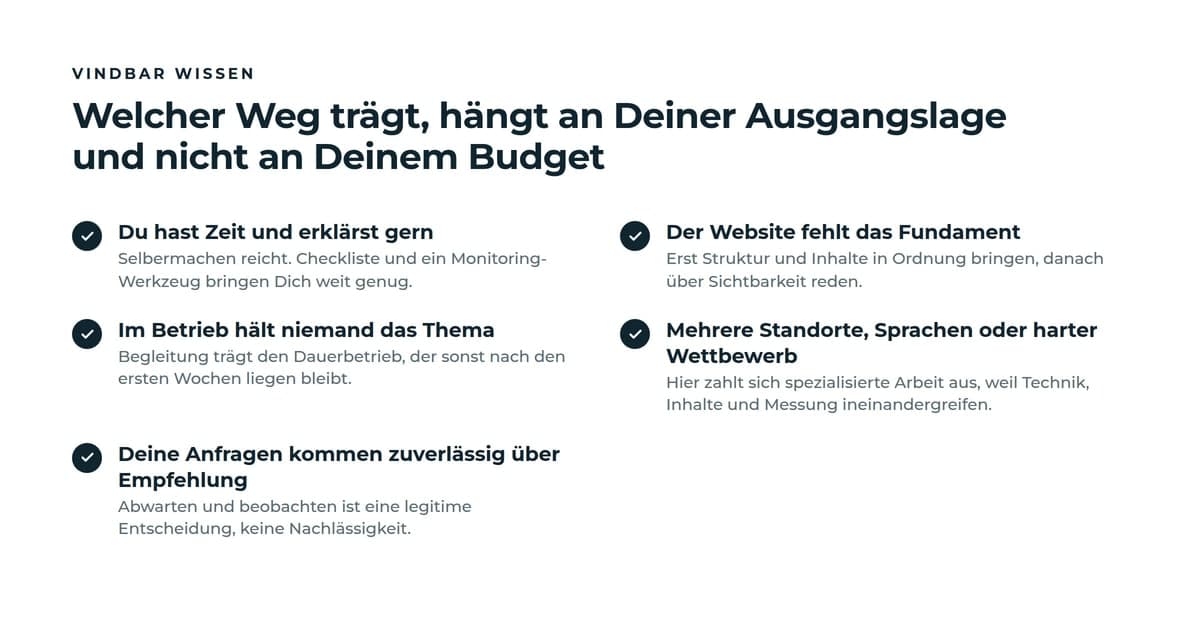 Checkliste mit fünf Ausgangslagen und dem jeweils passenden Weg: Selbermachen bei Zeit und Schreiblust, zuerst die Website reparieren wenn das Fundament fehlt, Begleitung wenn niemand im Betrieb das Thema hält, spezialisierte Arbeit bei mehreren Standorten oder hartem Wettbewerb, bewusstes Abwarten bei stabilem Empfehlungsgeschäft.